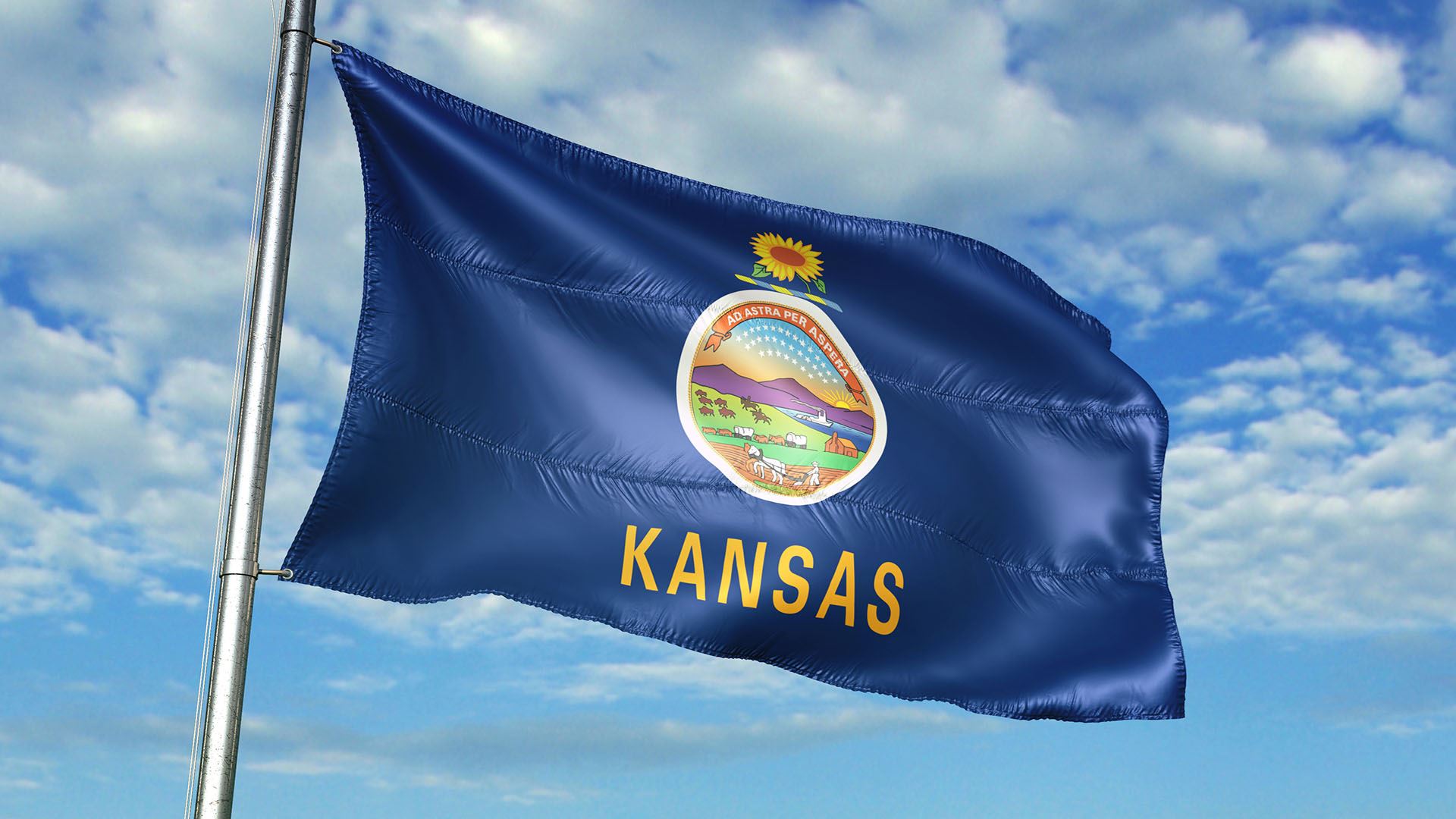 Kansas flag flying in the wind